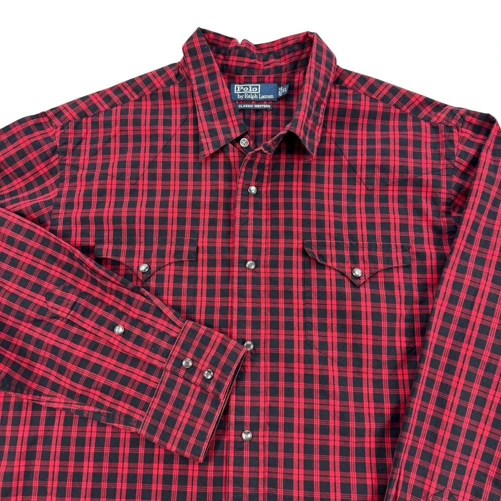 Polo Ralph Lauren Western Shirt Mens XL Red Plaid Classic Pearl Snap Cowboy